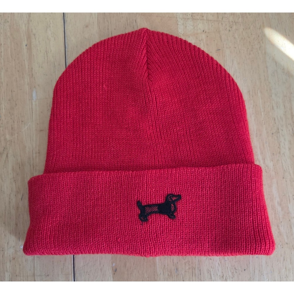 Victorias Secret PINK Red Knit Cuffed Beanie Hat Embroidered Black Dachshund Dog